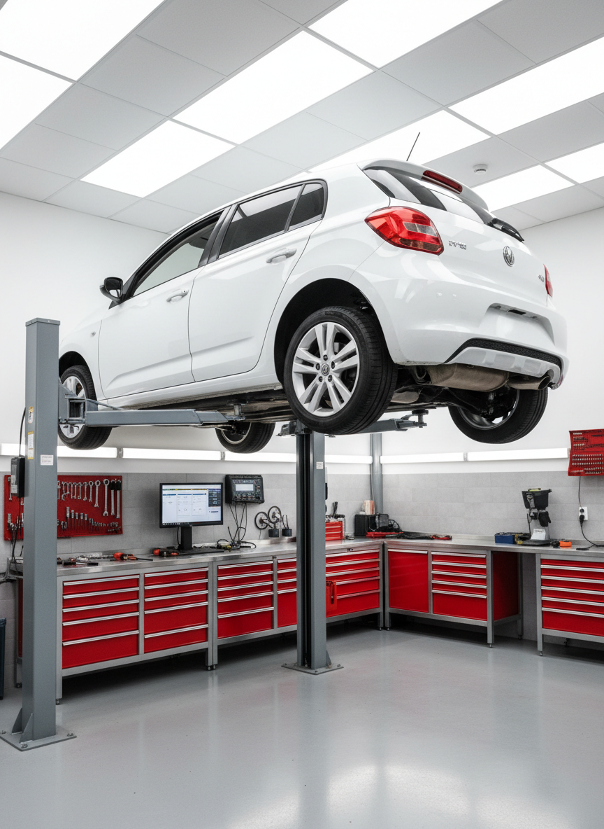 An organized, well-lit automotive workshop interior with a glossy white compact hatchback raised on a hydraulic lift, its underbody and suspension clearly visible. Around it, neatly arranged tool cabinets in bright red, labeled drawers, and a spotless workbench with diagnostic equipment emphasize precision maintenance. Overhead LED panel lights cast bright, even illumination, eliminating harsh shadows and revealing every surface in photographic detail. The concrete floor is clean and slightly reflective, adding to the professional mood. Shot at eye level with sharp focus throughout, the composition uses leading lines of the lift arms and tools to draw attention to the car, perfectly suited for an article on expert maintenance tips.